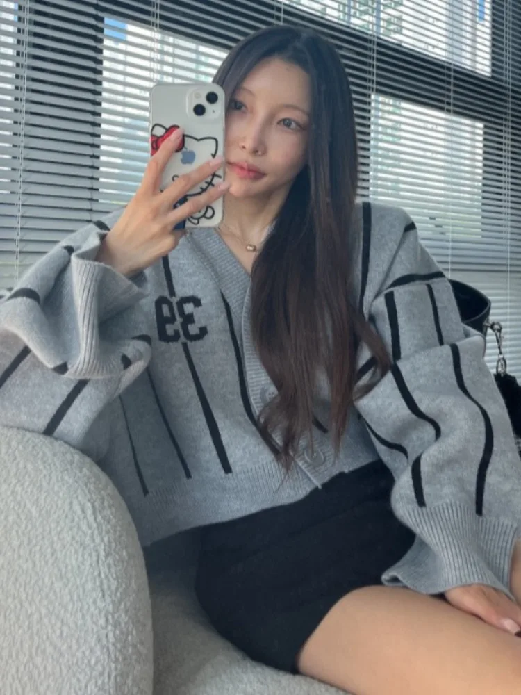 الأمريكية الرجعية المطبوعة تريكو Jaet المرأة ort سترة مخططة ربيع الخريف جديد Sle تنوعا عارضة مريحة #1