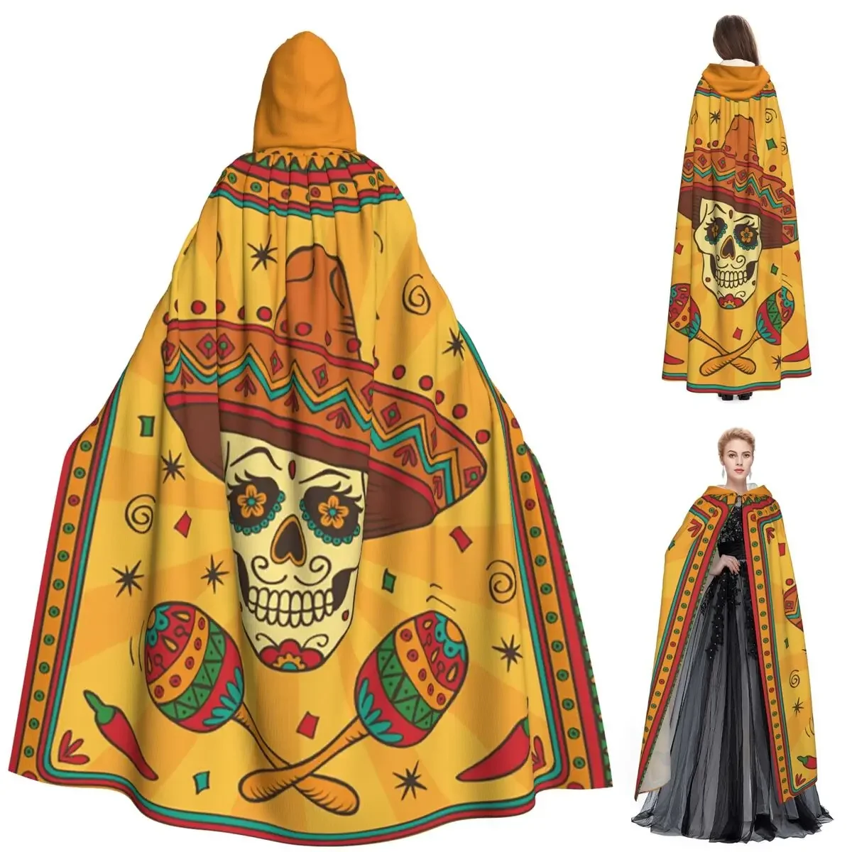 Custom Mexican Skull Woman Long Hooded Cloak Witch Medieval Costume Cosplay Cape HalloweenCoat Adult Unisex