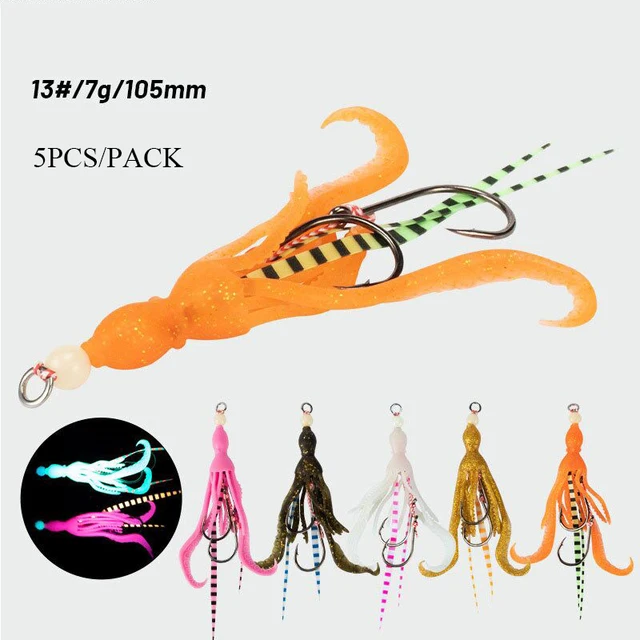 5 sztuk/paczka Miękka silikonowa przynęta na spódnicę Squid 13 #   Powolny hak wspomagający jigowanie Świecąca przynęta do trollingu Słonowodne morze Pesca Przynęta na ryby