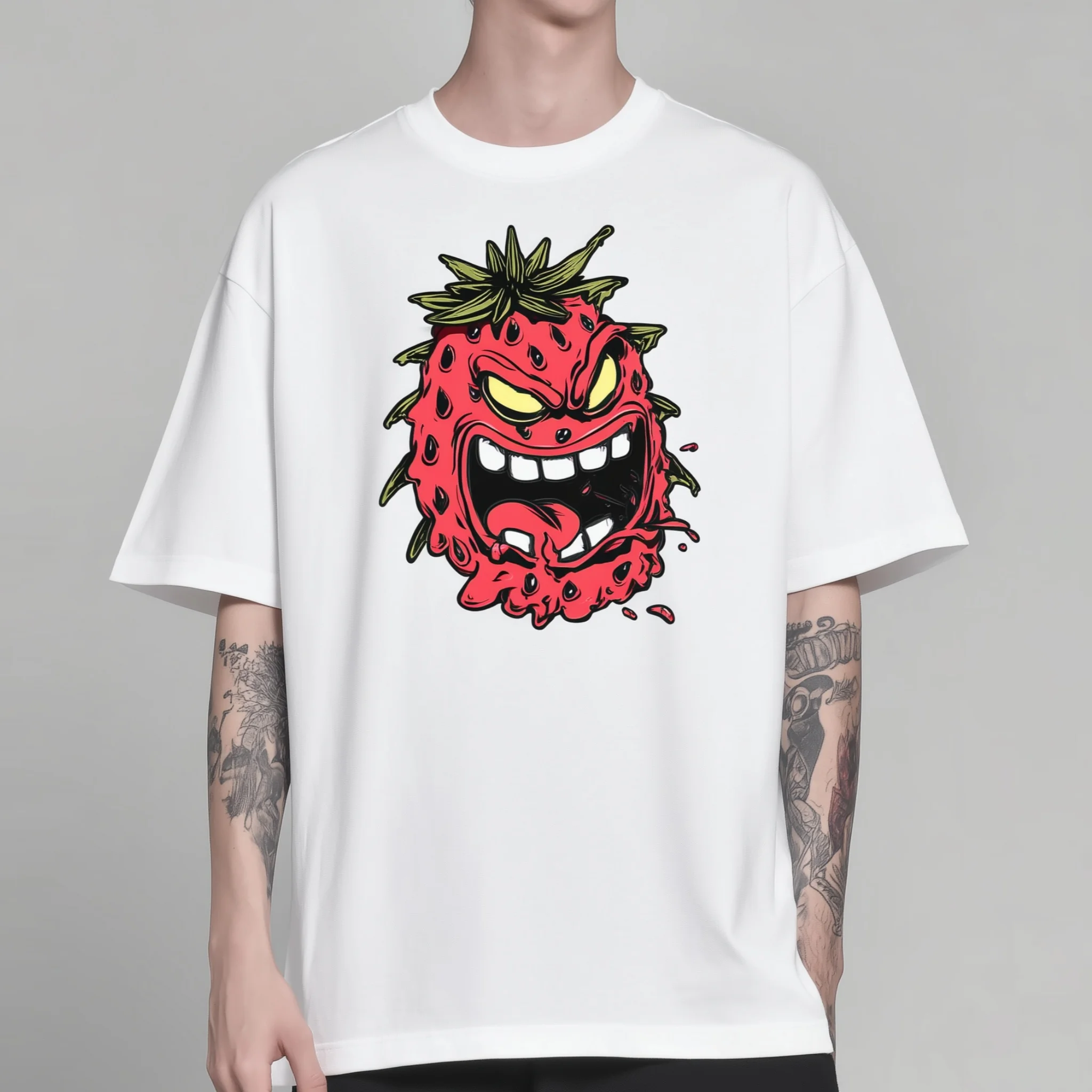 

Teevo White Short Sleeve T-Shirt with Cartoon Strawberry Monster Print for Casual Wear