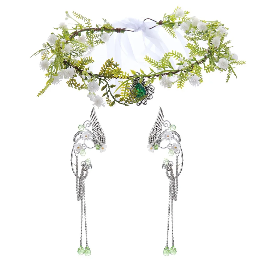 2 قطع هالوين الجان تأثيري مجموعة الجنية زهرة تاج خوذة قزم آذان الأصفاد عصر النهضة زي ورقة الجان أجنحة الأذن الكفة