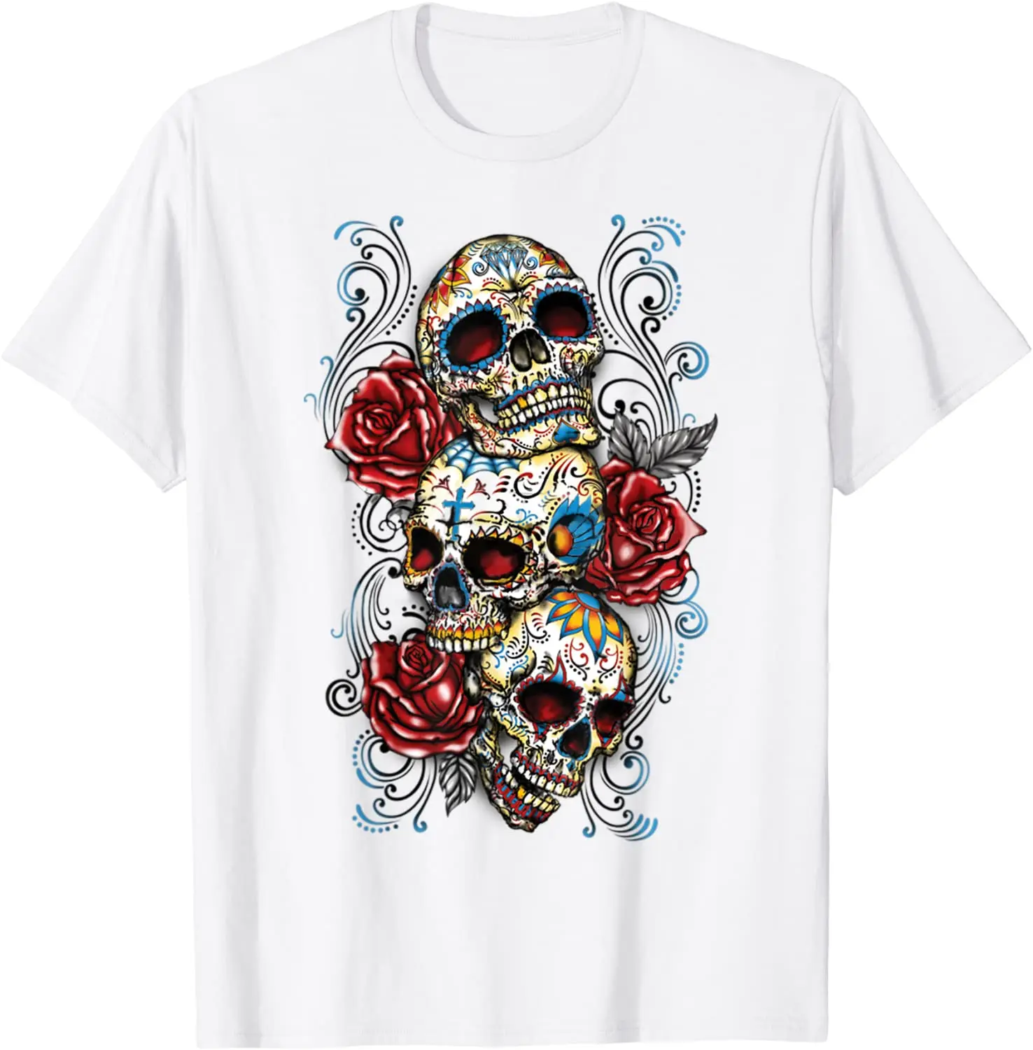 Sugar Skull T Shirt Roses Three Skull Tshirt Day of The Dead T-Shirt