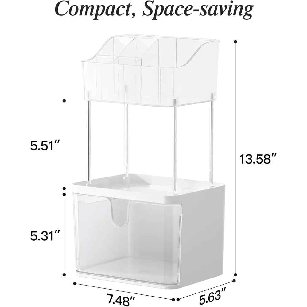 Two Layer Makeup Organizer, Large Drawer Dresser, Skincare Organizer, 6 Bars Lip Balm, Skincare, Brushes, 2Pack