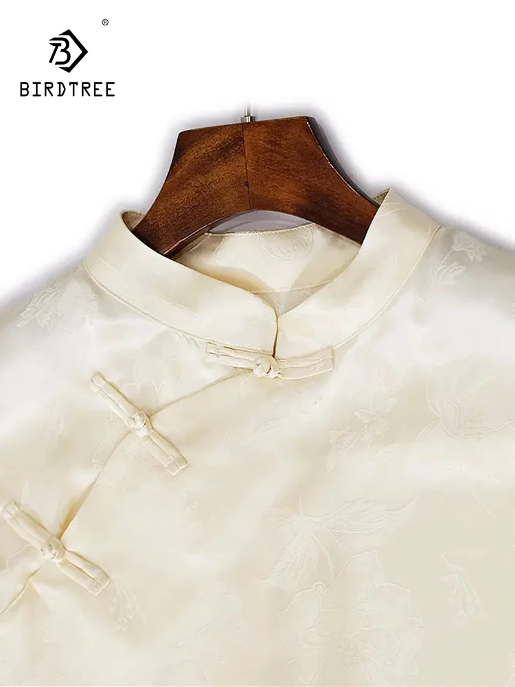 

Birdtree Stand Collar Retro Simplicity Versatile Loose Blouses,28MM Real Silk Women New Chinese Style Shirt Autumn Top T3D465QC
