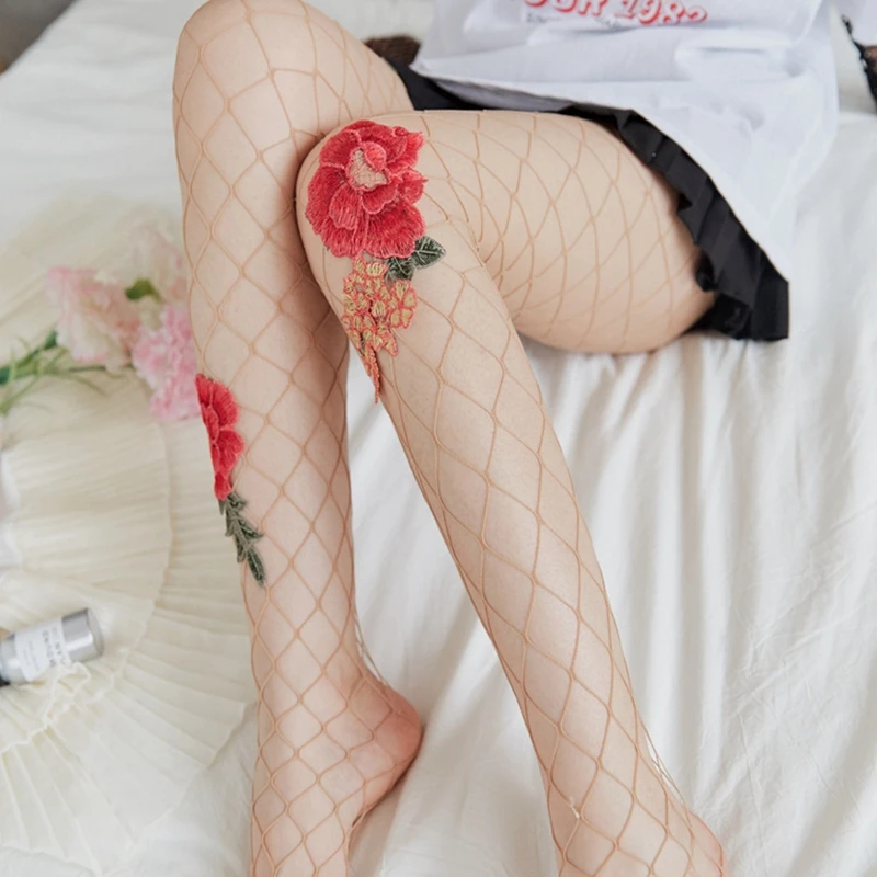 Sexy Handmade Embroidery Fish net Grid Pantyhose Socks Applique Flower Fishnets  Pantyhose Party Tights for Women Girls