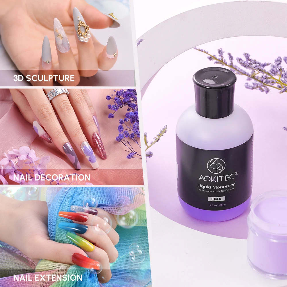 Aokitec-Monômero Líquido Prego Acrílico Roxo, 150ml, Pó Nail Art Design, Ferramenta Manicure