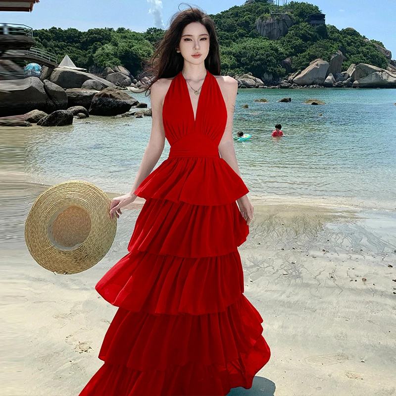 

Сексуальное пляжное платье с глубоким V-образным вырезом для отпуска на море, женское летнее модное платье без рукавов с открытой спиной, на завязках, многоярусное, красивое длинное платье