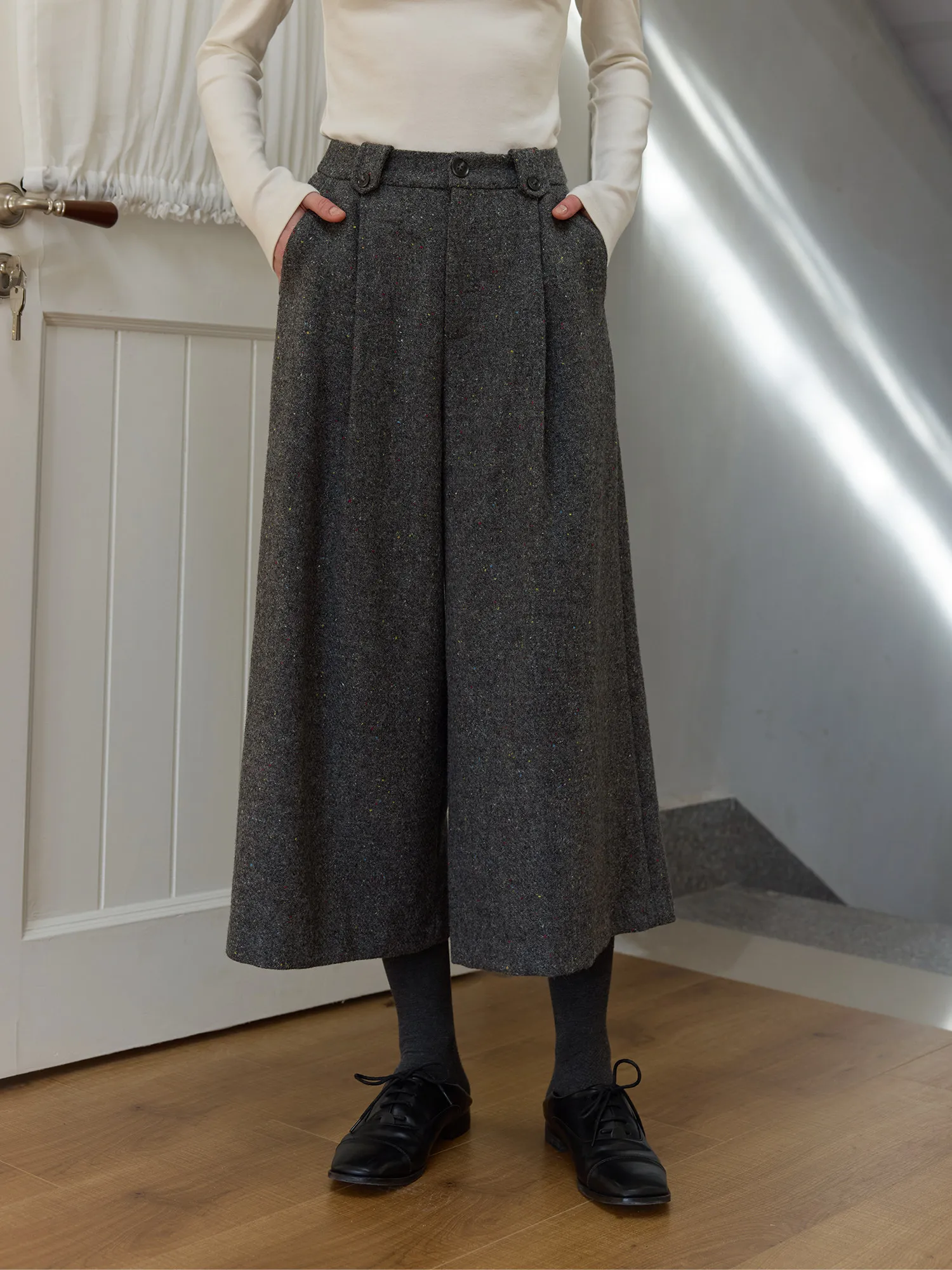 

Retro High Waist Elastic Wool Blend Loose Wide Leg Pants Nine Point Casual Pants for Women Autumn Winter Sle Straight Cut