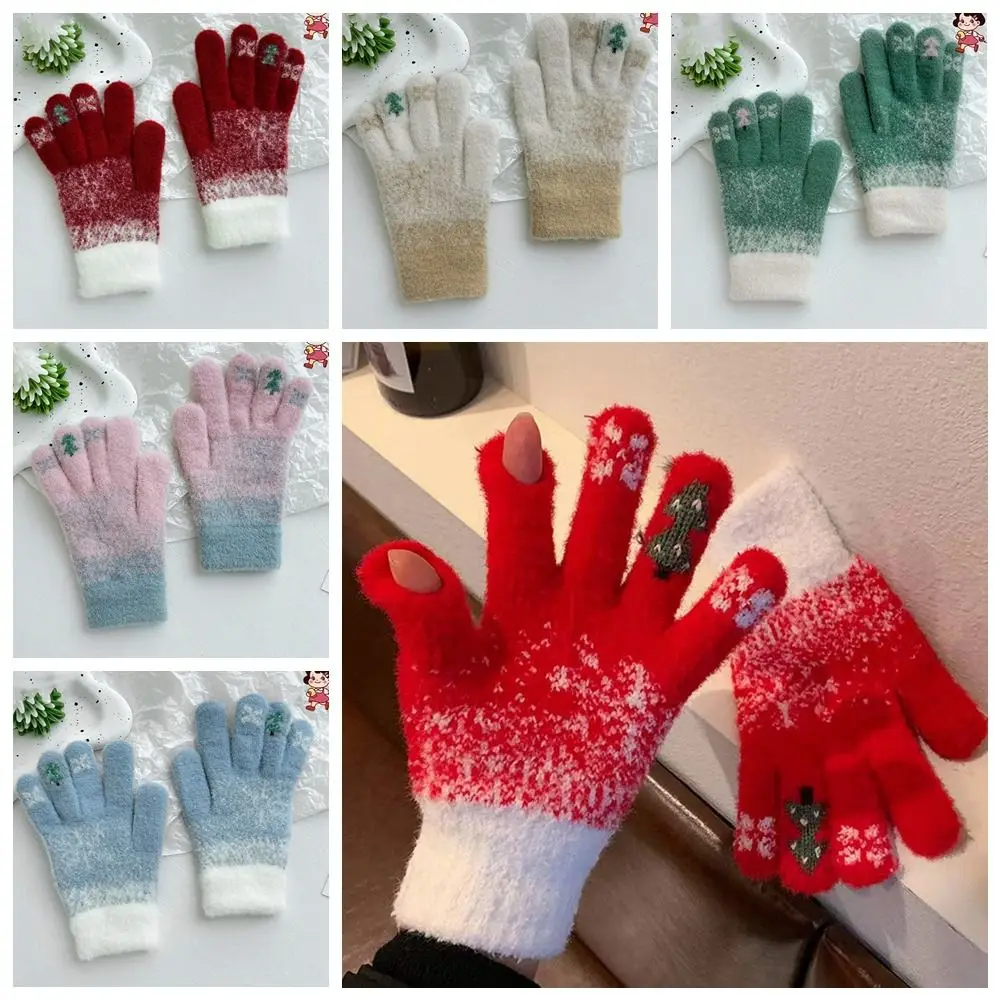 Lovely Touch Screen Christmas Knitted Gloves Warm Plush Winter Velvet Gloves Red Windproof Women Mittens Outdoor