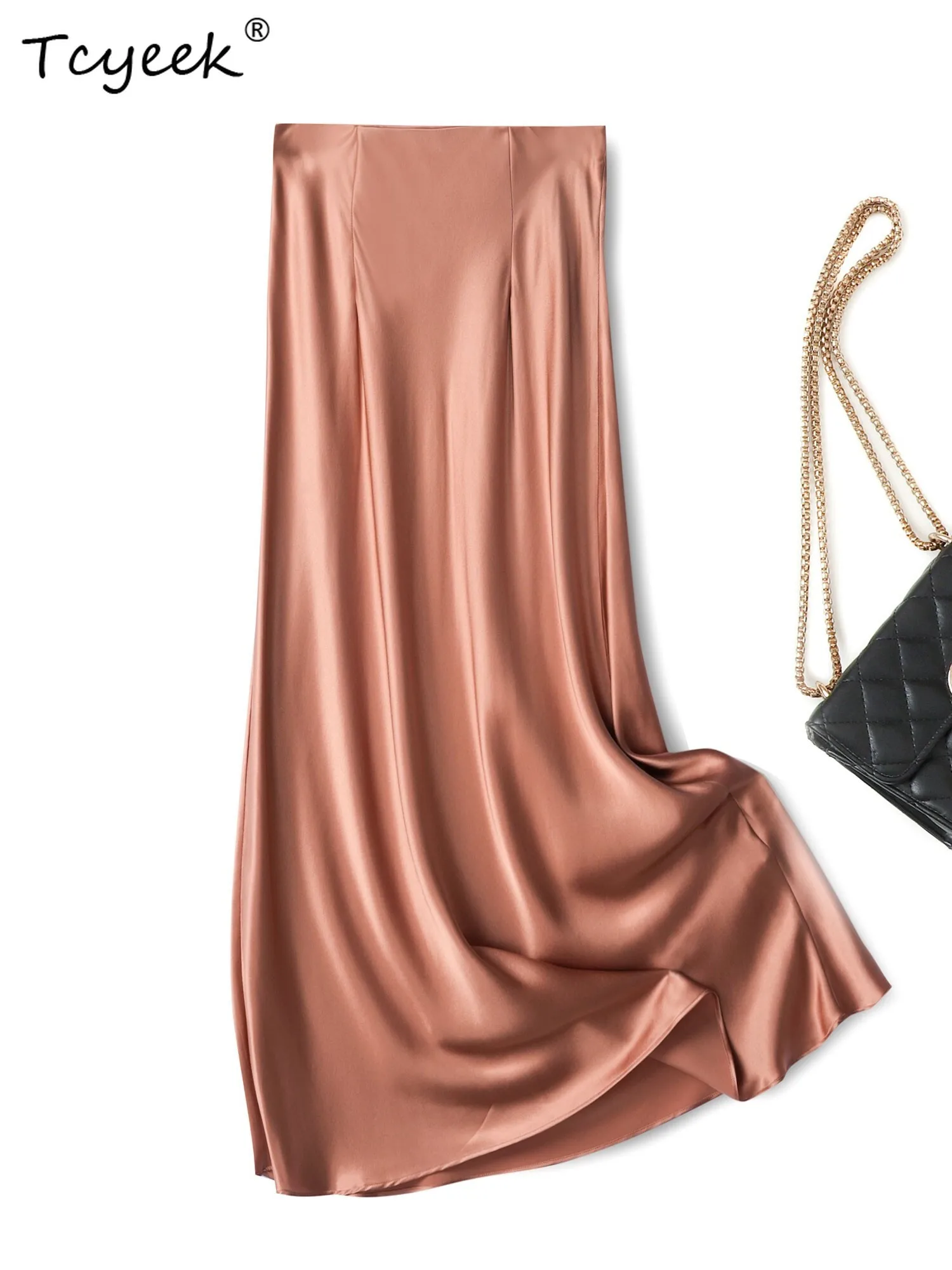 Tcyeek 100% マルベリーシルク 春夏 ハイウエスト Aライン サテン 無地 フィッシュテール ロング レディース スカート