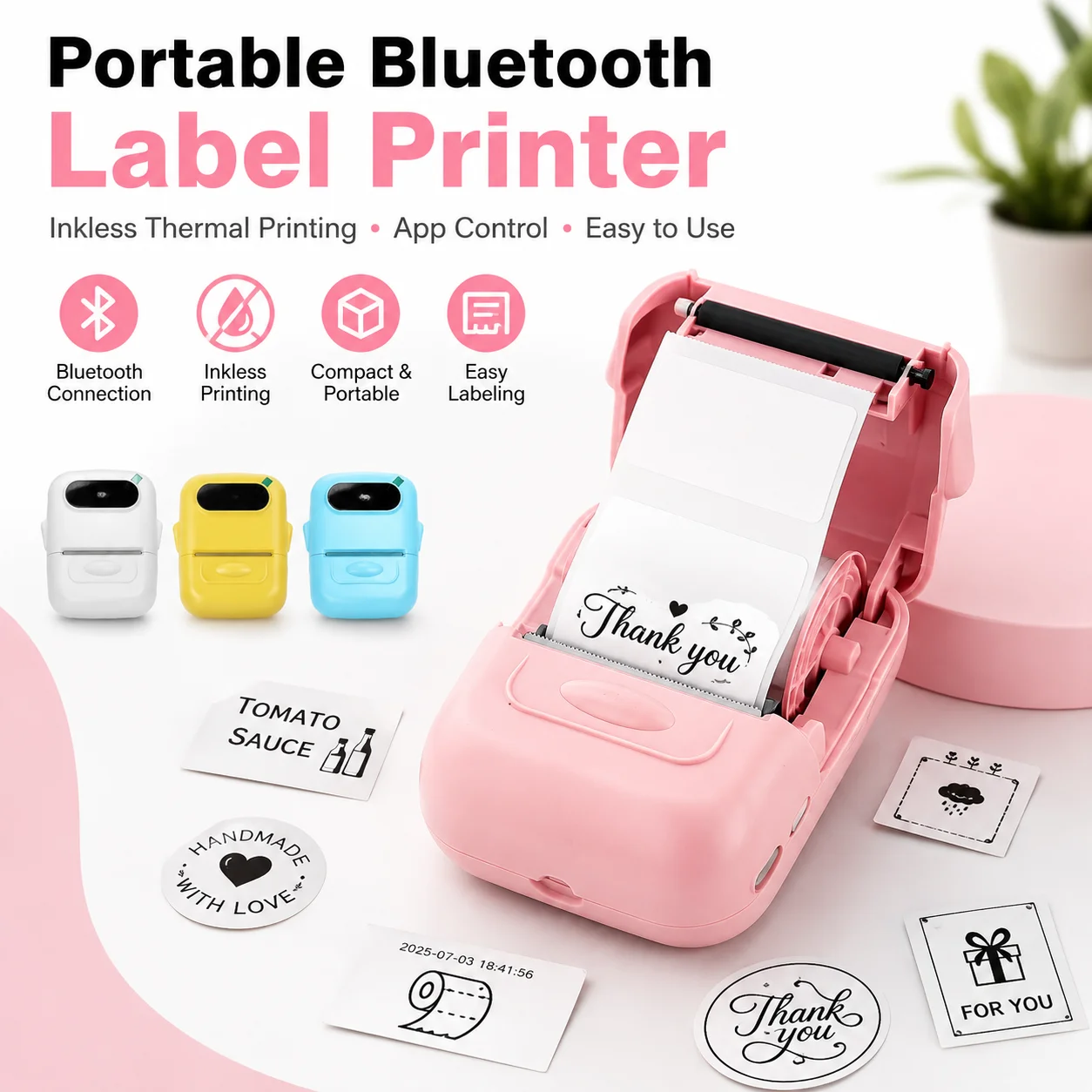 P50 Portable Bluetooth Thermal Label Printer, Inkless Mini Label Maker with App Control, 12-57mm for Home Office Small Business