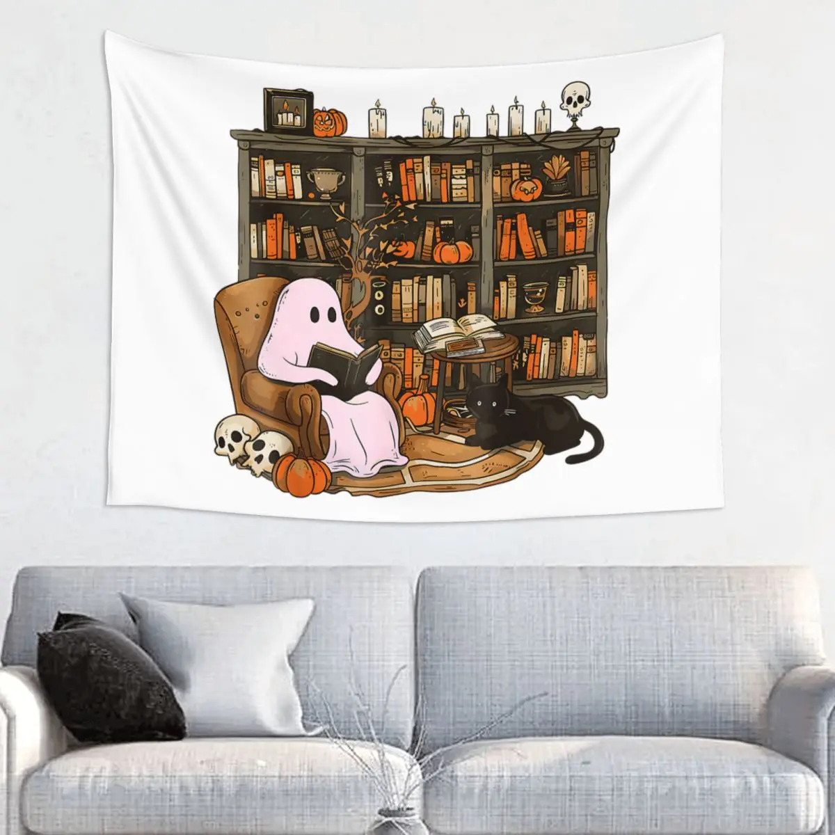 Ghost Book Reading Tapestry Wall Hanging Printed Wall Tapestry Pumpkin Gothic Halloween Art Wall Blanket Wall Decor Tapiz