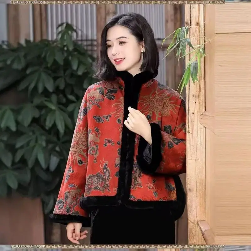 النمط الصيني الرجعية الأزهار طباعة سترة المرأة الخريف الشتاء فضفاضة رشاقته المرأة أبلى معطف القطن عادية كم طويل #5