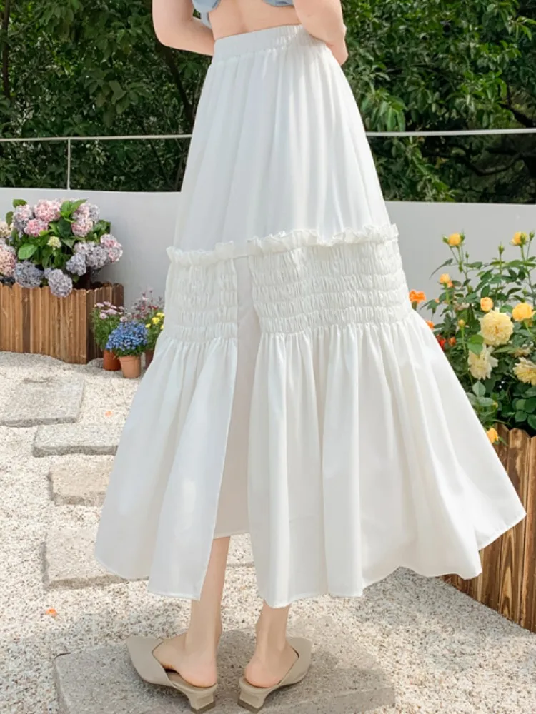 Qiukichonson Mid Long Skirt Womens Pleated Skirt 2023 Korea Style Casual Summer High Waisted Split Black White Ruffle Skirts rok