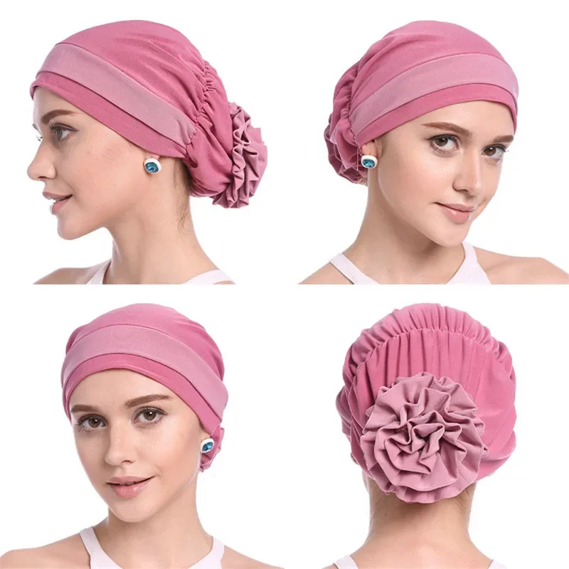 New Hot Pure Color Silk Pan Flower Hat Muslim Stretch Toe Cap Dubai Arab Women's Flower Hat Turban Beanie Fashion