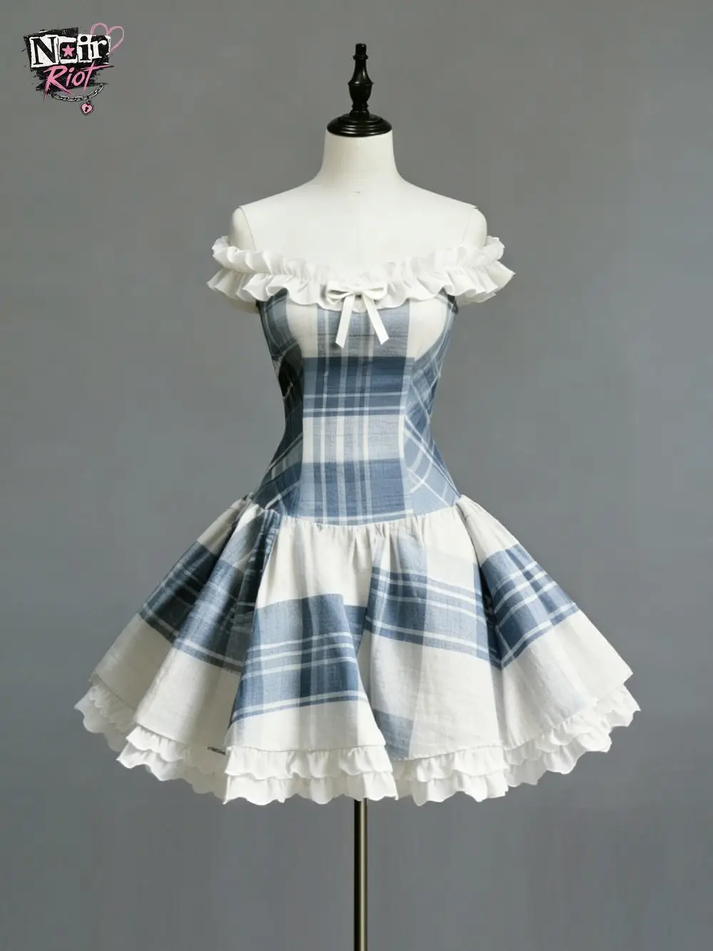 Japanese Sweet Vintage Off Shoulder Mini Dress Women Blue Plaid Ruffle Bow Korean Chic Waist Cinched New 2026 Daily Casual Dress
