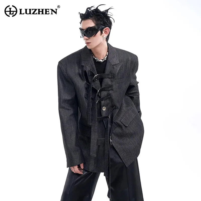 LUZHEN Ribbon Buckle Design Suit Jacket 2024 Personalized Patchwork Design American Trendy Streetwear Coats Casual Blazer LZ5812