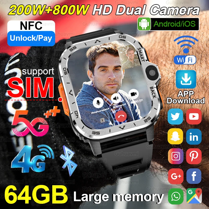2025 جديد نظام تحديد المواقع والملاحة 5G بطاقة SIM Smat ساعة الرجال HD مكالمة فيديو 800 واط HD كاميرا مزدوجة واي فاي APP تحميل 64 جيجابايت ذاكرة الساعات الذكية