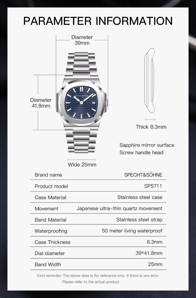 Specht & Söhne Neue klassische 5711-Uhr, ultradünne Edelstahluhr, grüne Farbe, Saphirglas, 50 m wasserdicht, Reloj Hombre