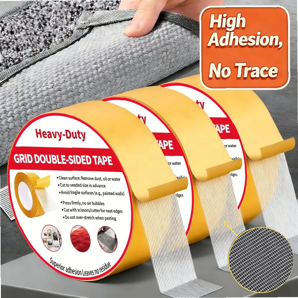 3 Rolls Heavy Duty Double Sided Tape, Mesh Cloth Backing Super Strong Adhesive for Carpets, Walls & Plastic, Indoor