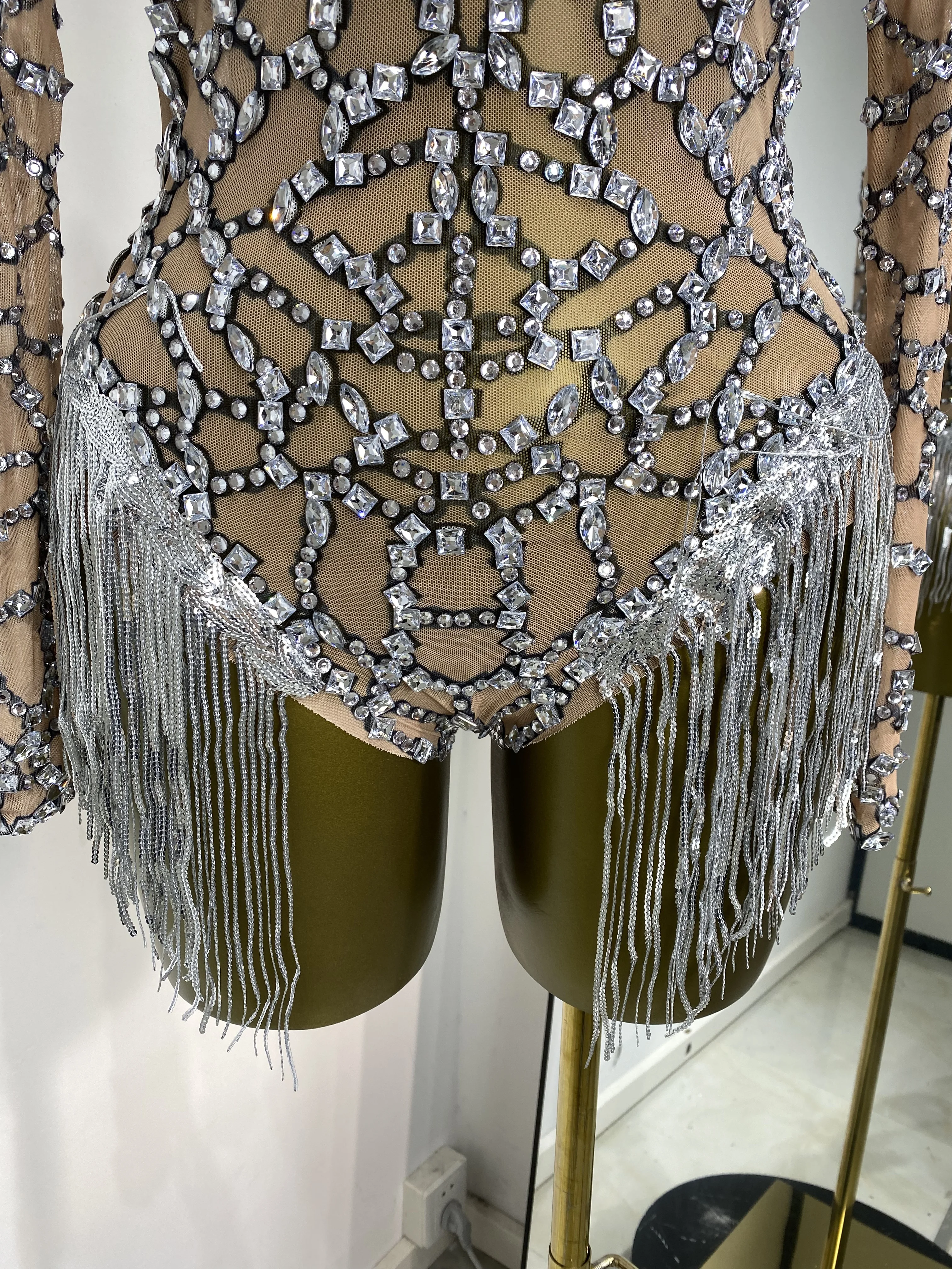 

Women Luxury Rhinestones Tassel Mesh Long Sleeve Turtleneck Bodysuits Dance Latin Dress For Competition Sparkly Stage Costumes