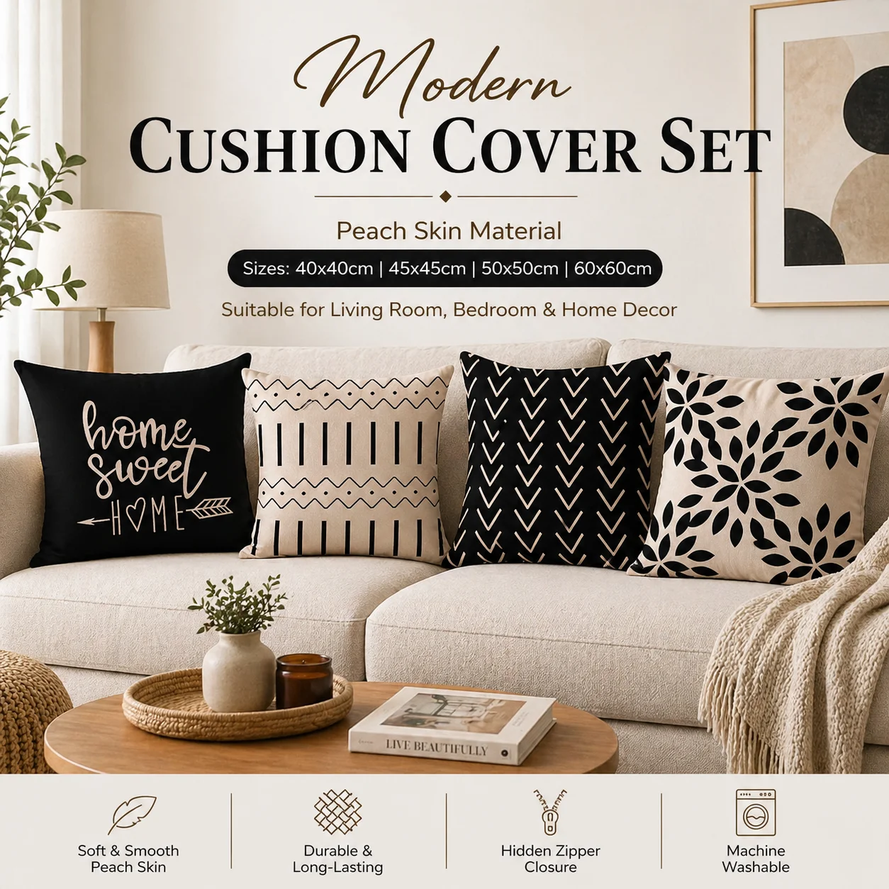 

Modern Geometric Floral Peach Skin Cushion Cover Home Sweet Home Throw Pillowcase for Sofa Living Room Bedroom Decor 45x45 50x50