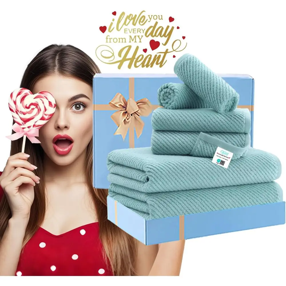 طقم مناشف حمام قطنية فاخرة - 6 قطع، 2 كبير 30 × 56، 2 يد 18 × 28، 2 مناشف 13 × 13، ناعمة، سريعة الجفاف، أزرق مائي