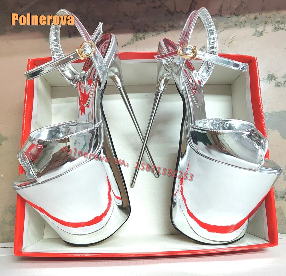 White Platform Metal Heels Sexy Sandals Peep Toe Narrow Band Cut Out Buckle Strap Stage Sandals Pole Dance Nightclub Shoes 2024