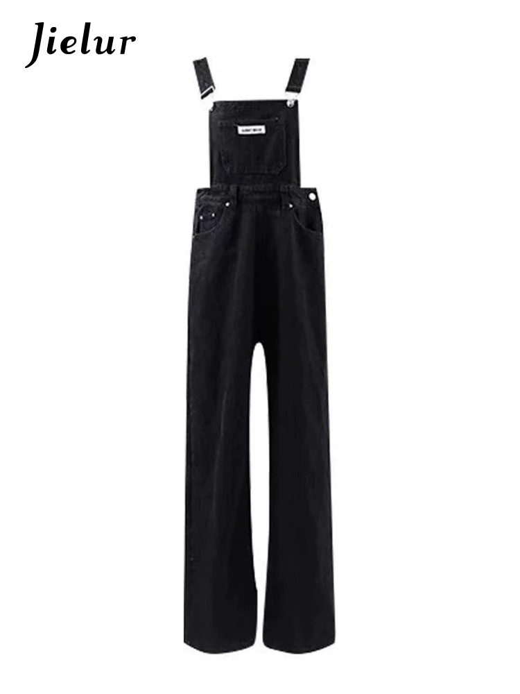 Jielur Autumn New American Slim Loose Women Overalls High Waist Retro Straight Jeans Female Black Casual Street Chic Jeans Woman