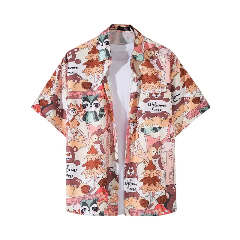 Summer Men's Short Sleeve Seaside Vacation Travel Flower Shirt Retro Loose Fit Handsome Hawaiian Beach Printed Shirt Coat