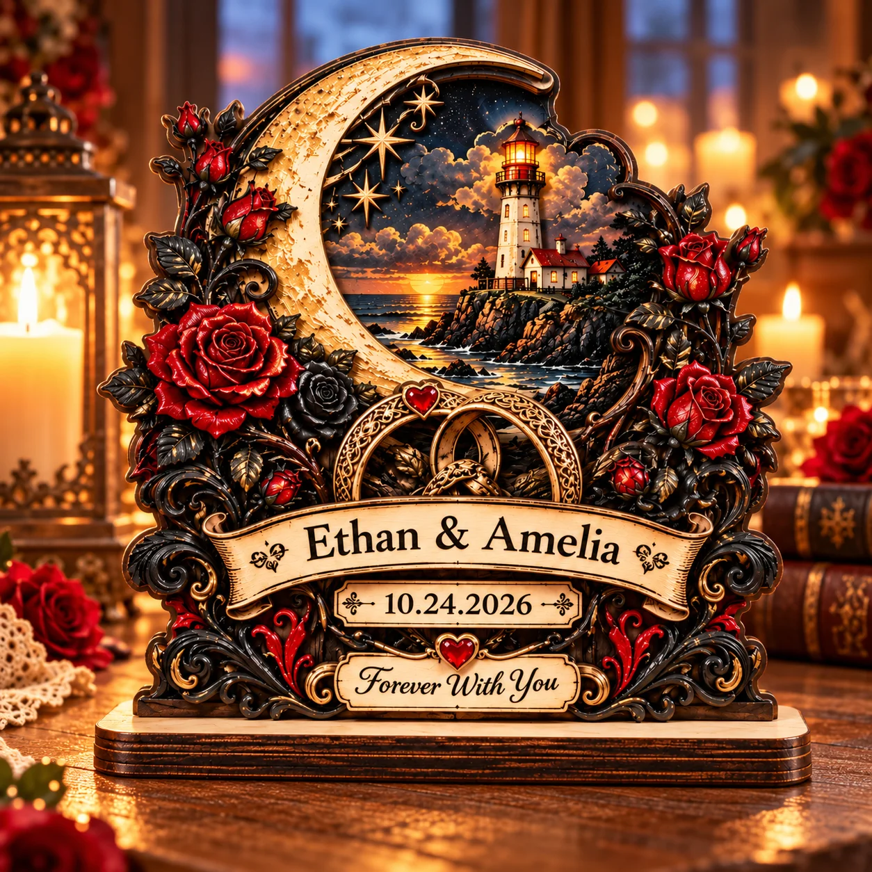 1Pc Custom Gothic Rose Wooden Ornament Personalized Couple Name Date Double Layer Desk Plaque Anniversary Gift