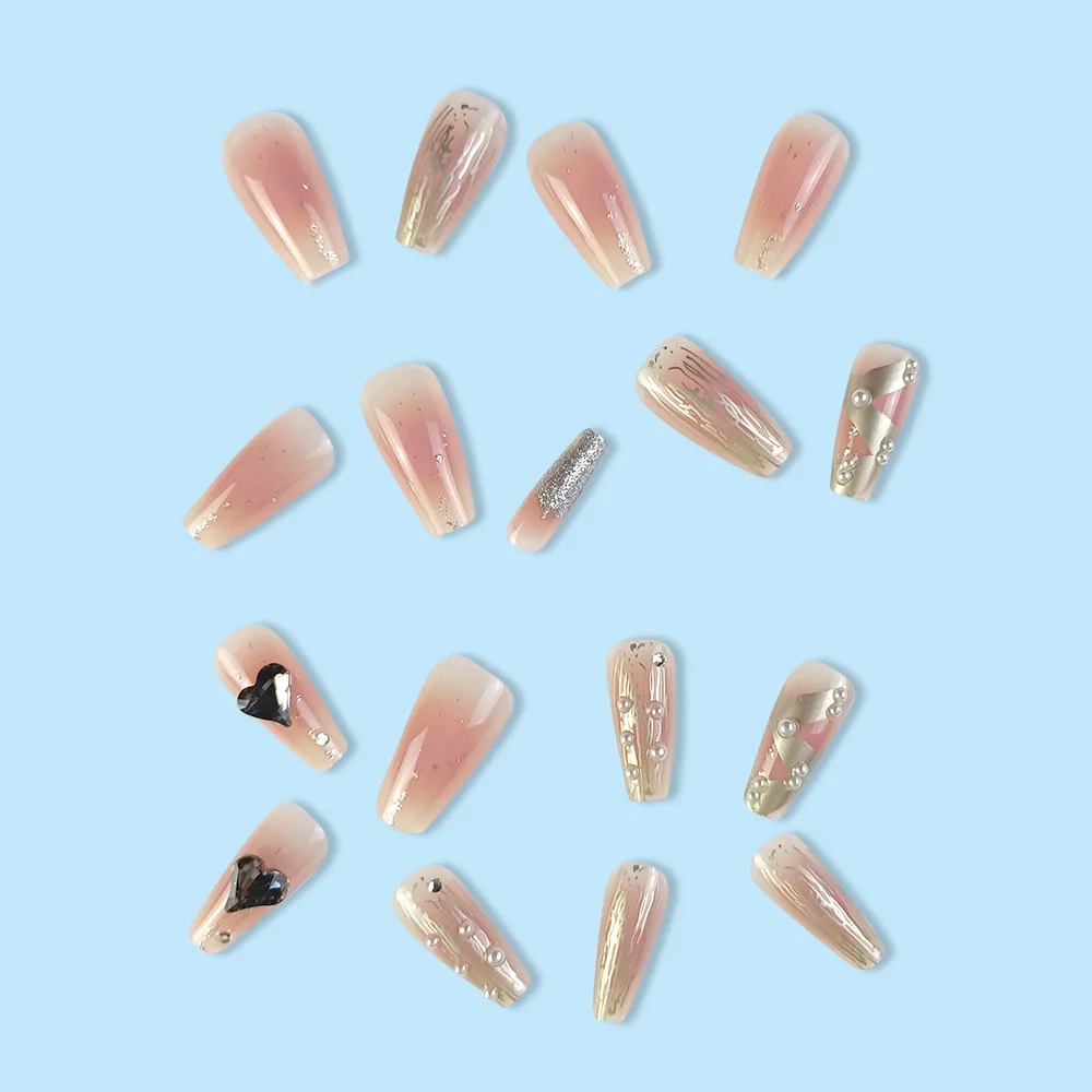 Mittellange künstliche Nagelspitzen mit 3D-Herz-Blumen-Design, Farbverlauf Lila-Rot, französische quadratische Ballett-Spitzen, Press-On-Set für künstliche Nagelkunst – Detail 15