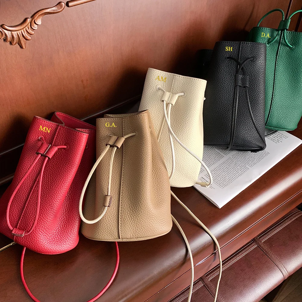 Genuine Leather Small Women Bag Custom Name Fashion Drawstring Shoulder Bag Personalized Letters Mobile Phone Shoulder Handbag