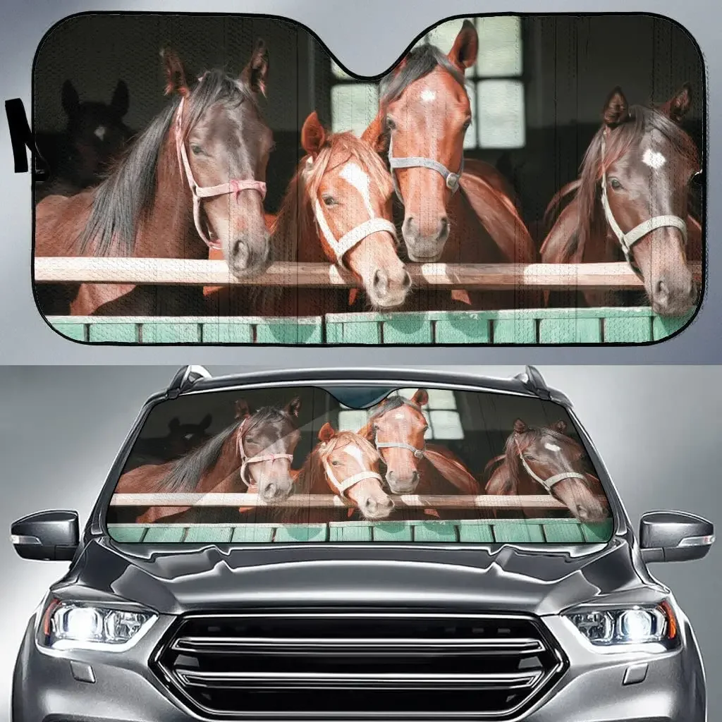 3D Horses Family With Fence In Barn Car Sunshade, Funny Horses Auto Sunshade For Horses Lover, Meaning Gift For Farmer, Car Wind