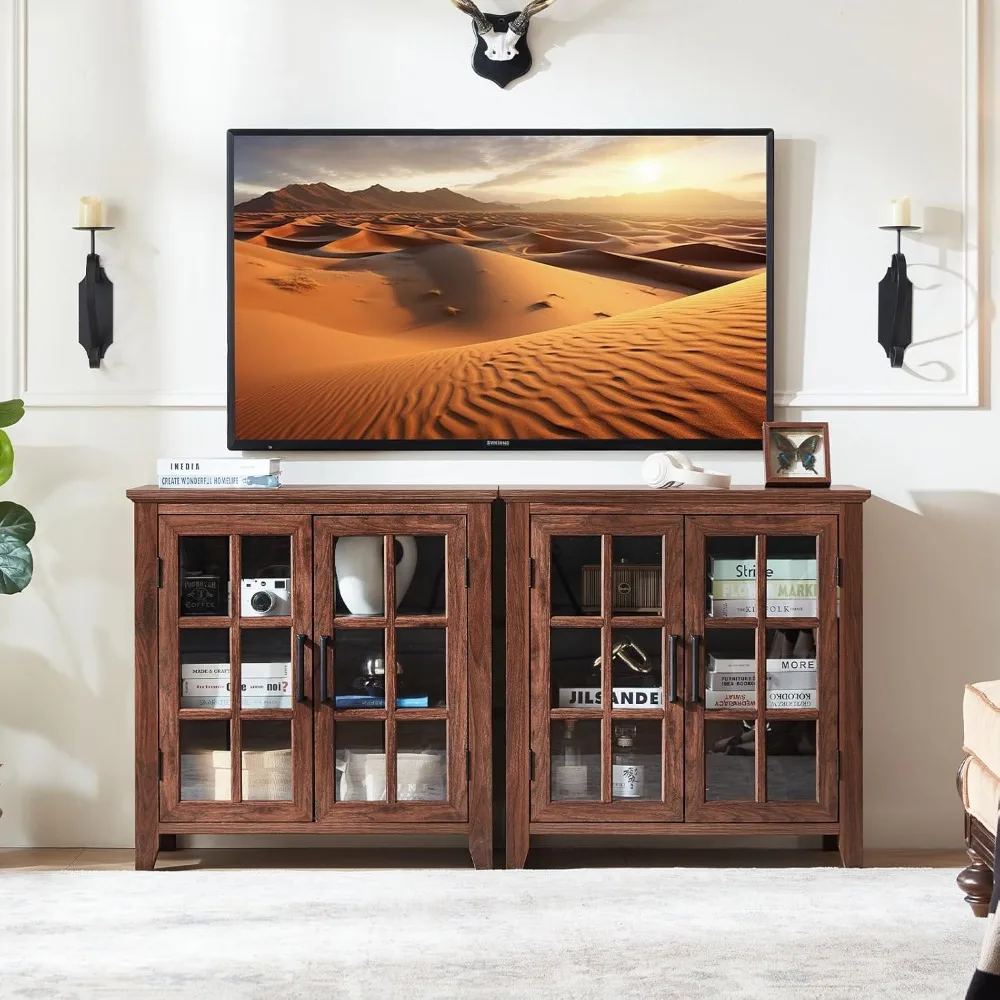 خزانة بوفيه مطبخ كبيرة على طراز المزرعة مع مساحة تخزين، وخزانة بار القهوة والنبيذ البني مقاس 32 بوصة تتميز ببابين زجاجيين