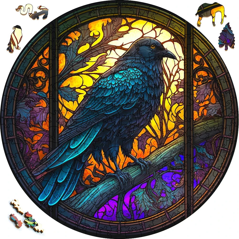 

Wooden Puzzle Mandala Mysterious Crow Surprise Toys 3D Wood Jigsaw Puzzles Creative Games Round Shaped Animals Secret Puzzle Box