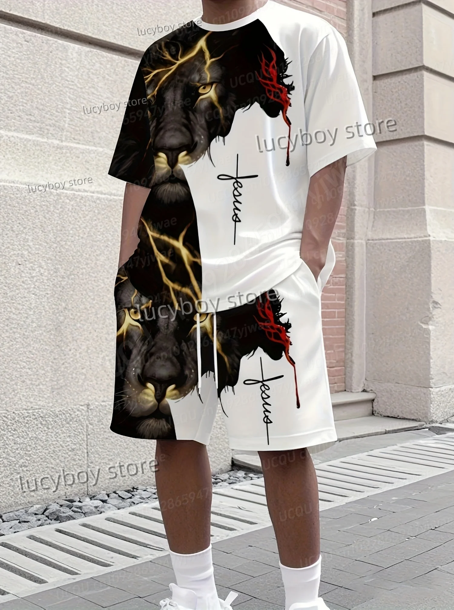 American Classic Lion Print Plus Size Sport T-Shirt+Shorts Set Men Gym Jogging Luxury Tracksuit Outfit 2 Piece Set Men Clothes