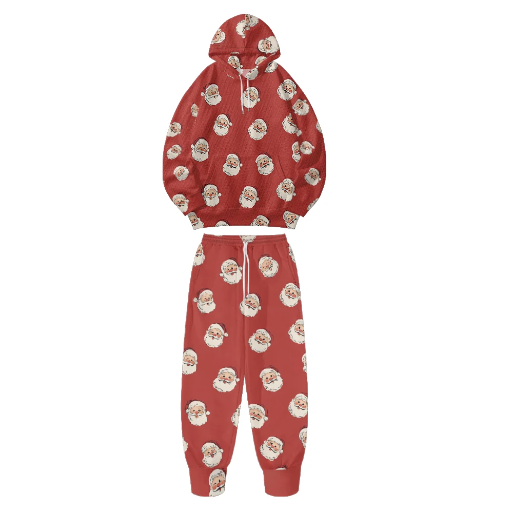 

Christmas Santa Print Hoodie Sweatpants Set Festive Red Loungewear Santa Face Pattern Comfortable Holiday Outfit Fall Winter