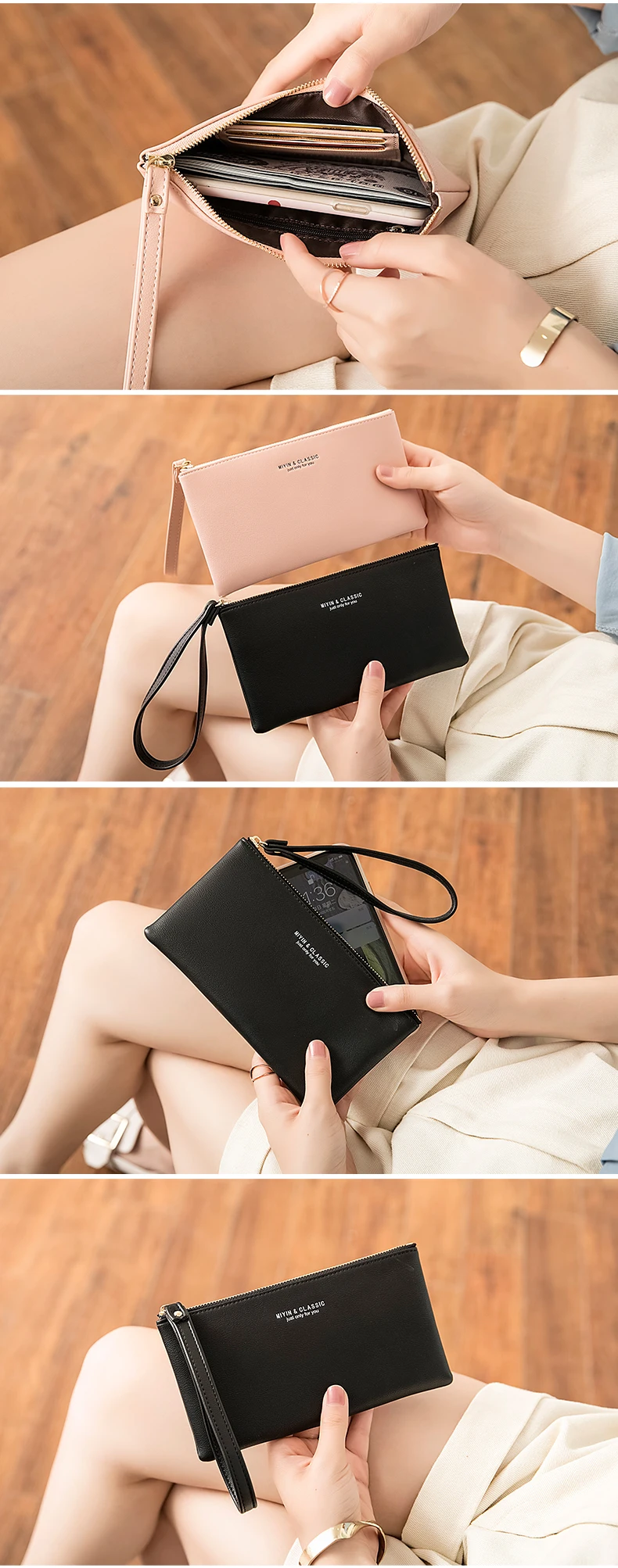Neue minimalistische Geldbörse mit Reißverschluss, hochwertige PU-Leder Kreditkarten- und Handy-Aufbewahrungstasche, ultradünne Damen-Langbörse, Handtasche – Detail 4