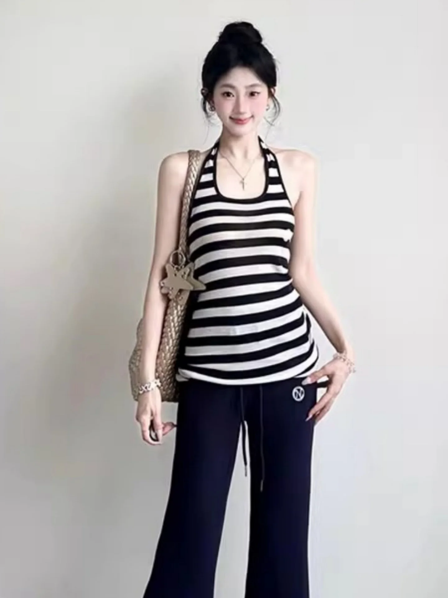 Black White Striped Neck Hanging Strap Vest Women Summer Design Back Hollow out Slimming Versatile Top U Neck Short Sleeve
