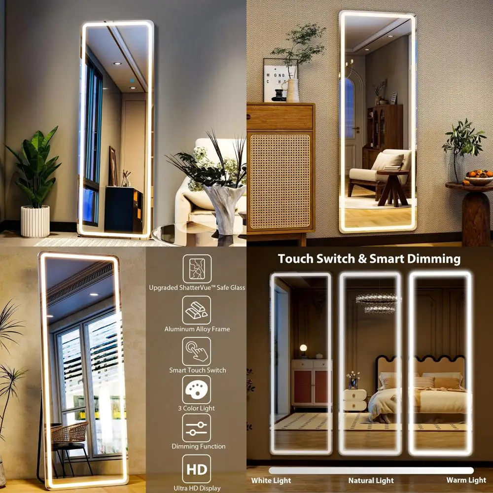 Miroir pleine longueur éclairé par LED, verre trempé, 26x68, gradation réglable, 3 options de couleur, support de porte et support inclus, idéal pour f