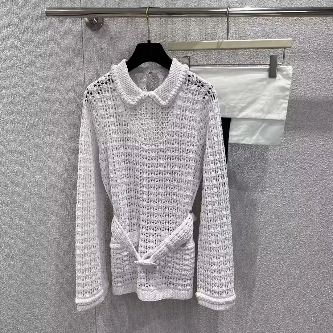 

New Spring Fashion White Knit Hollow Out Crochet Sweater Women Peter Pan Collar Long Sleeve Slim Belt Elegant Jumper Pullover