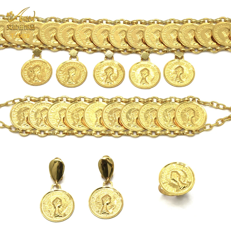 ANIID African 24K Plated Gold Coins Necklace Bracelet Jewelry Set Ethiopian Luxury Wedding Gift Hawaii Arab Necklace Choker Sets