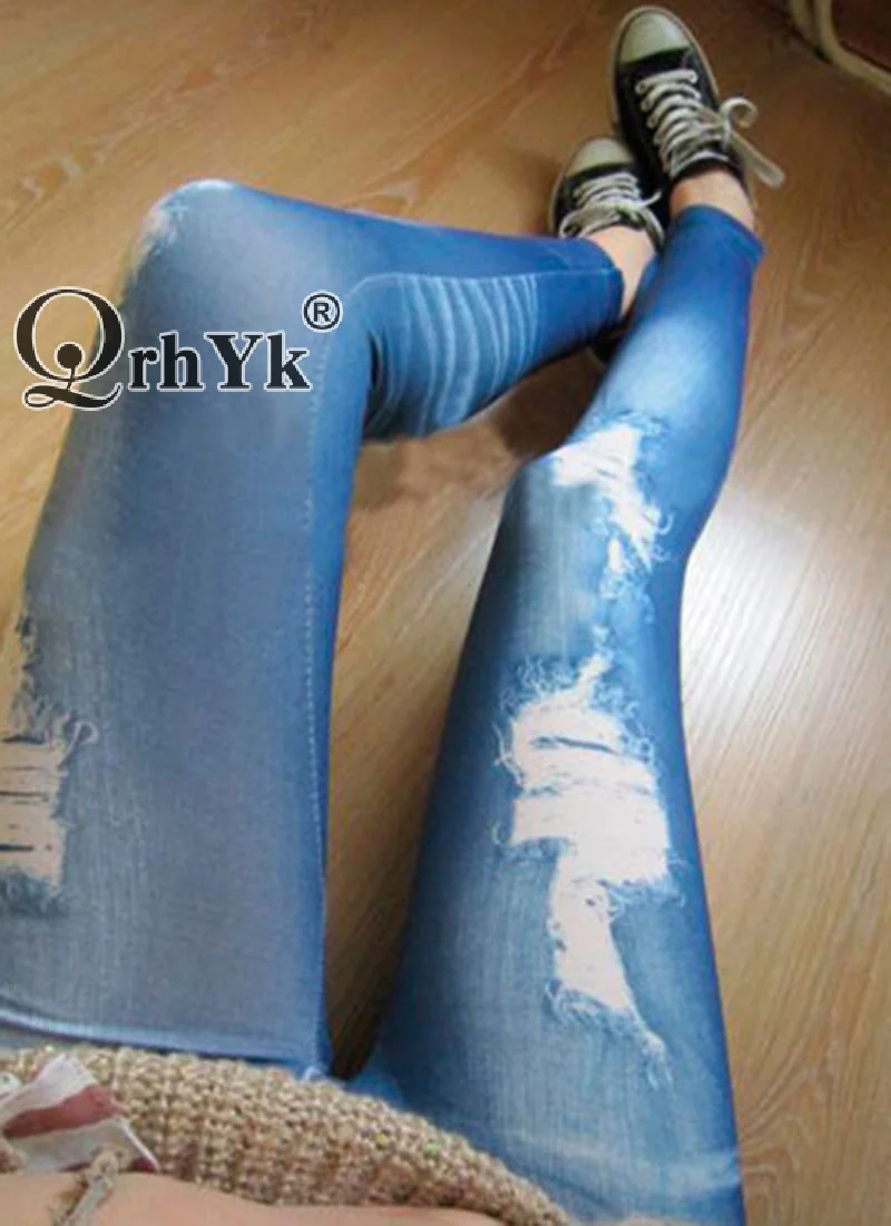 Women Ripped Denim Jean Look Skinny Leggings Slim Jeggings Trousers Blue Black