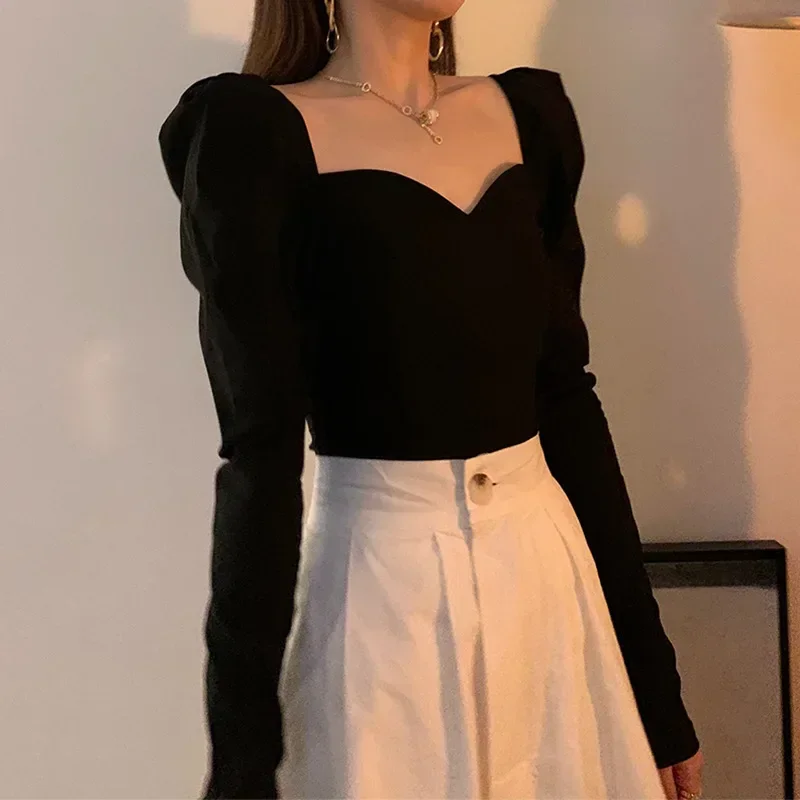 Vintage Elegant Shirts Women Puff Sleeve Square Collar Blouses Office Lady Korean Autumn Black Chic Slim Casual All Match Tops