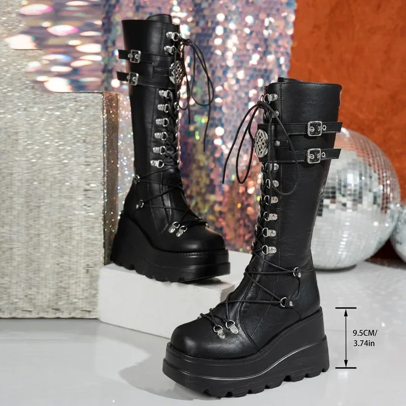 Platform Boots for Womens Goth Punk Motorcycle Boots Fad Designer Belt Buckle Rivet Wedge Heels Mid Calf Women Boots Botas Mujer