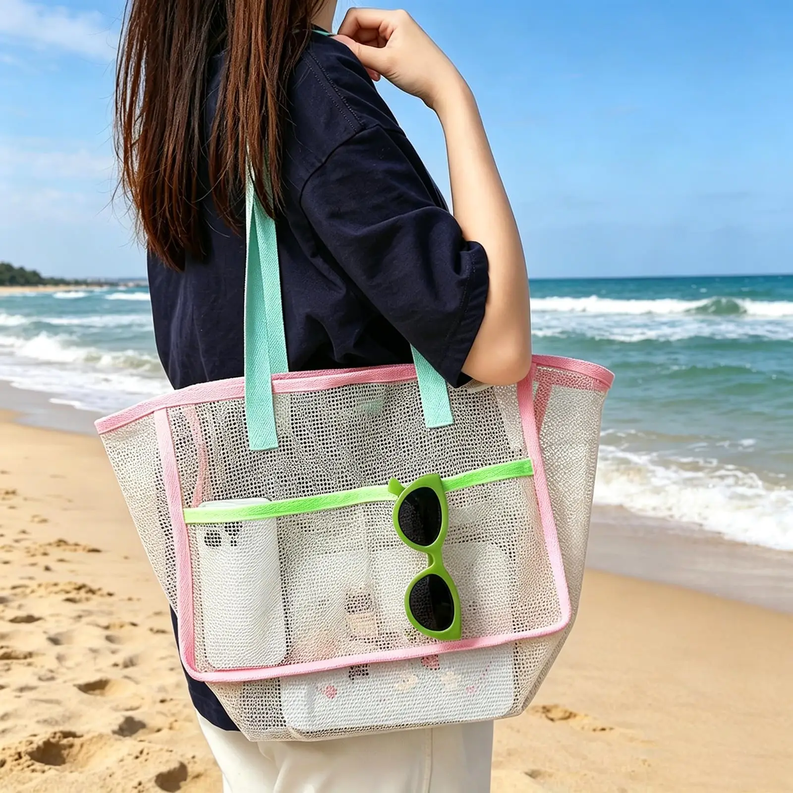 Beach Bags for Women Colorful Foldable Net Sand Tote Bag Travel Pool Storage Pocket for Beach Accessories view 5