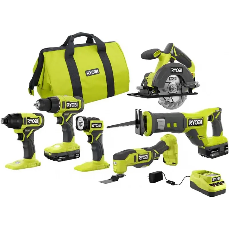 

RYOBI ONE PCL1600K2 18V Cordless 6-Tool Combo Kit with 1.5 Ah Battery, 4.0 Ah Battery, and Charger