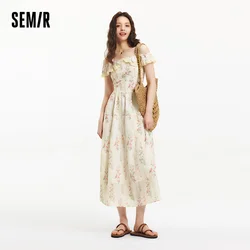 Semir Dress Women Floral Print Country Style Vacation 2025 New Summer Ruffled Waist-Cinching Strappy Dress Chic Looks