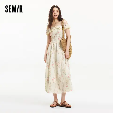 Floral Print Dress Semir Dress Women Floral Print Country Style Vacation 2025 New Summer Ruffled Waist-Cinching Strappy Dress Chic Looks